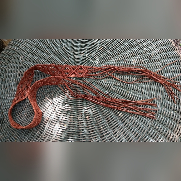 Boho Macrame woven braided leather tie belt fringe brown - Picture 2 of 2